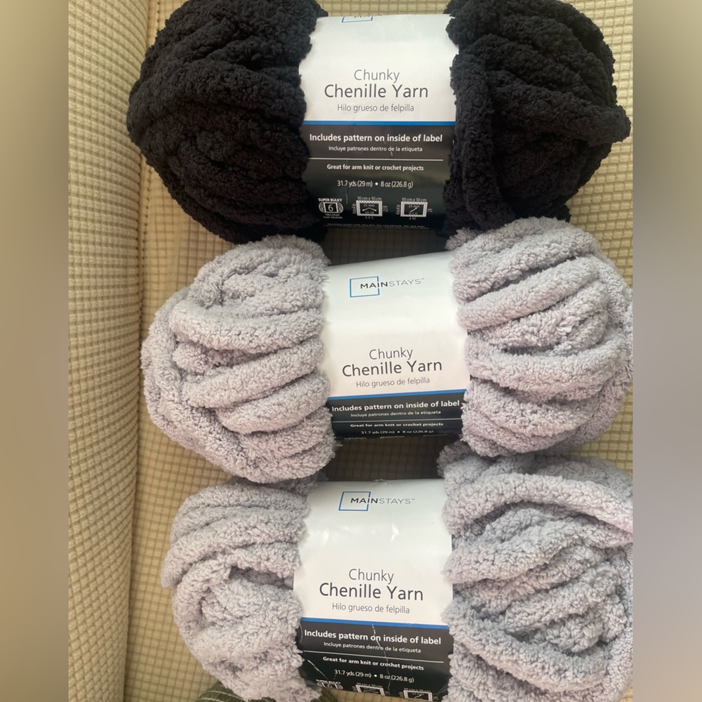 Mainstays Chunky Chenille Yarn Skeins - Light Gray & Charcoal